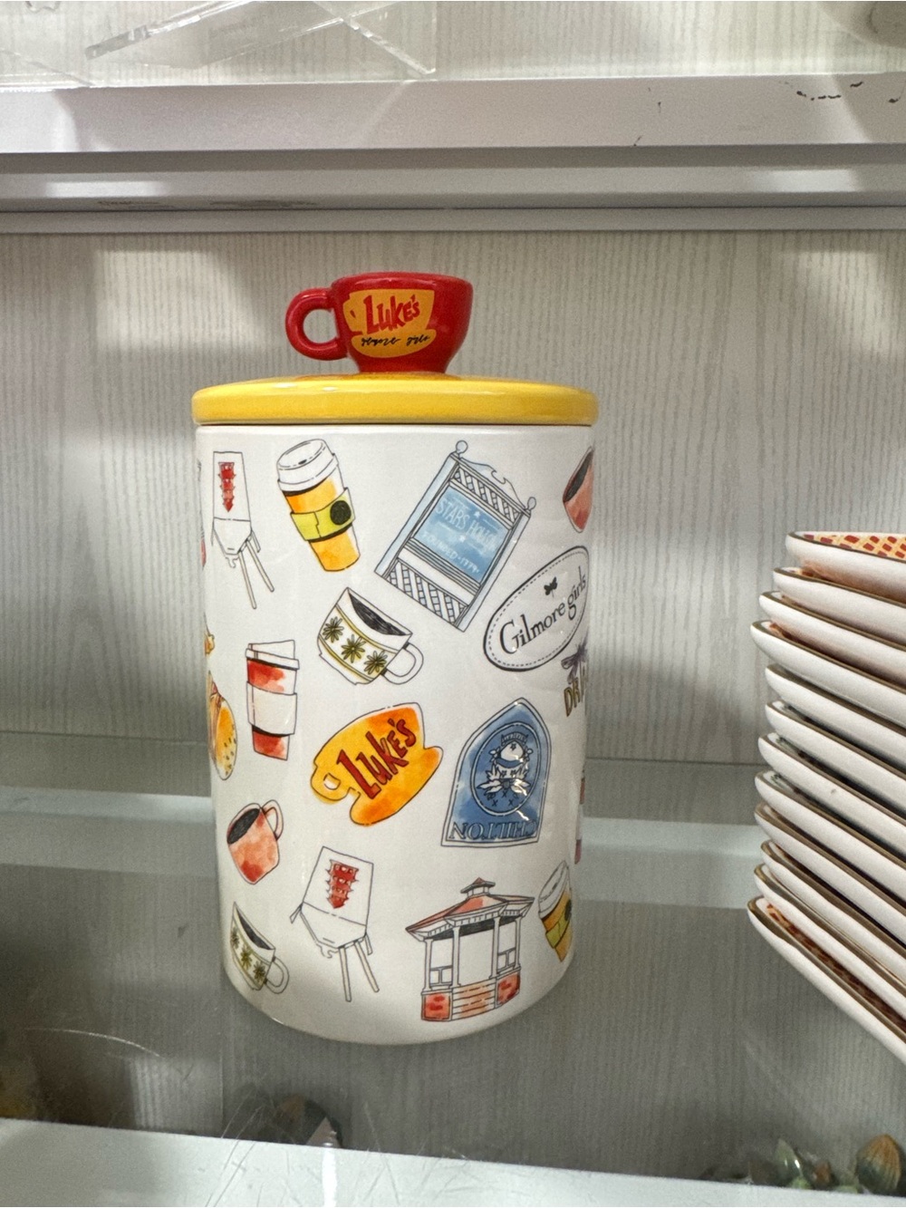 Gilmore Girls Ceramic Canister with Yellow Lid and Red Handle Accent